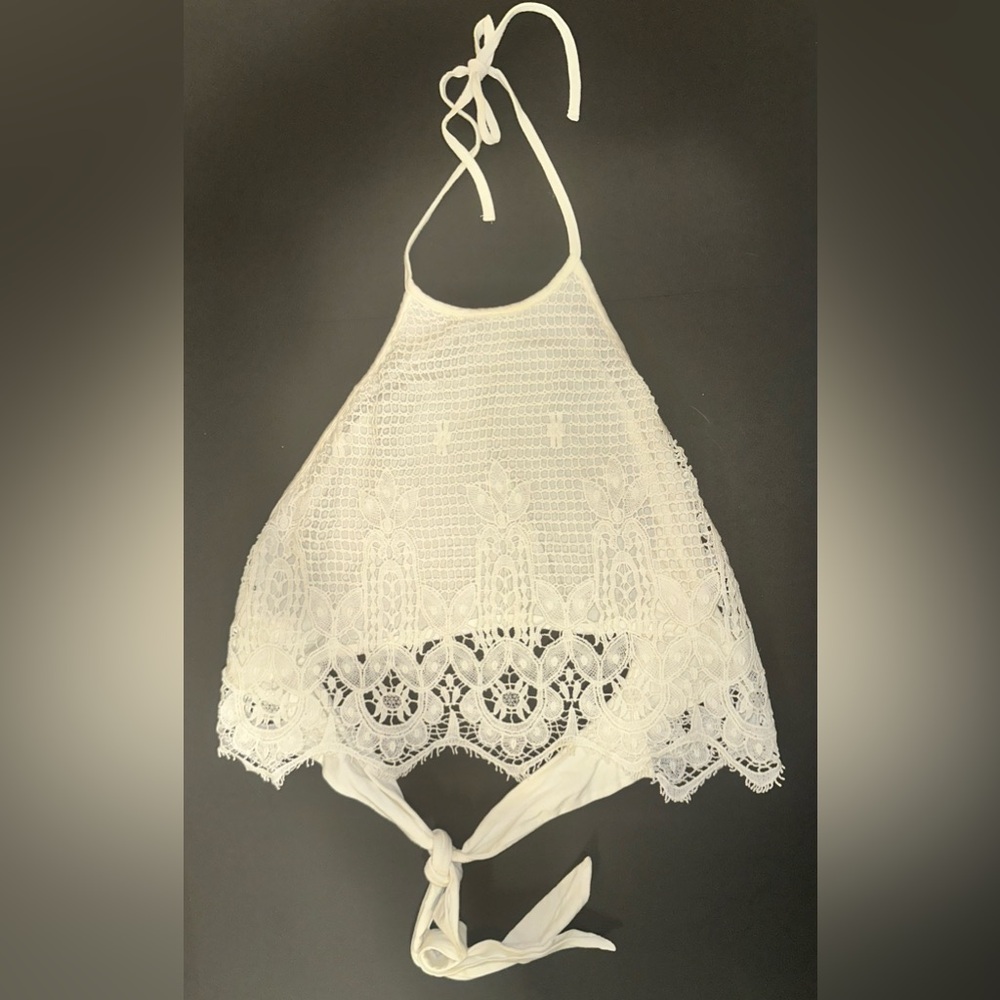 Express White Halter Open Back Crochet Crop‎ Top Women's Size Small Tank Top - Picture 3 of 6